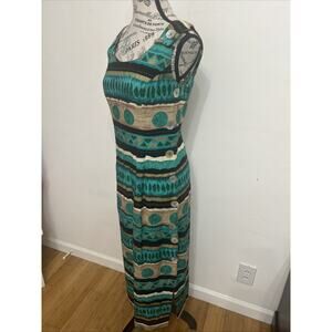 Sleeveless Teal & Tan Patterned Maxi Dress